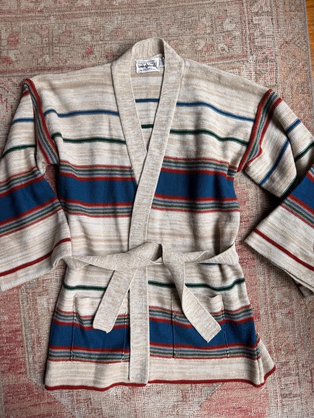 Vintage 70s Beige Striped Knit Cardigan with Blue, Red & Green Accents